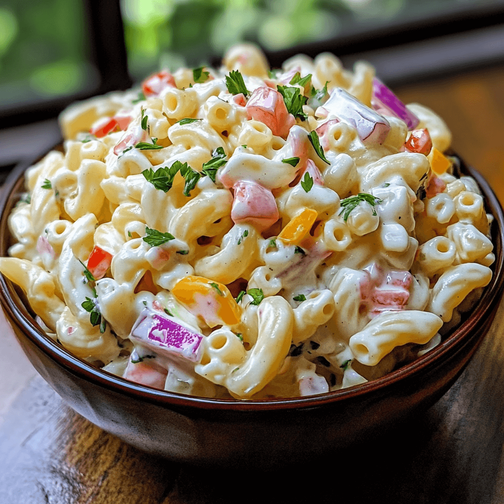 Makkaroni Salat Das perfekte Event Salatgericht 6 Makkaroni mit Gemüsewürfeln und cremigem Dressing, angerichtet in einer braunen Schale vor einem Fenster