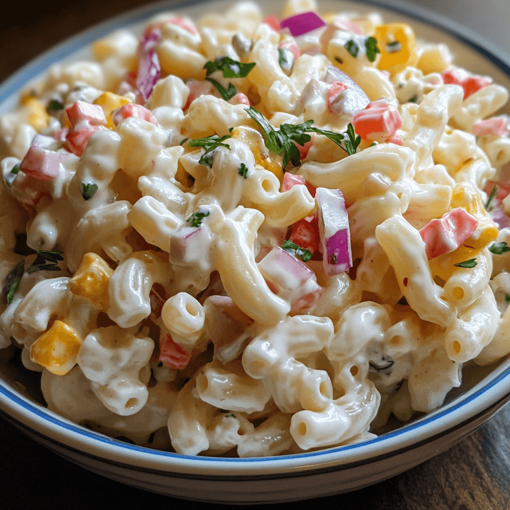 Makkaroni Salat Das perfekte Event Salatgericht 7 Cremiger Makkaroni-Salat mit Paprika, Mais, Zwiebeln und Petersilie in einer weißen Schüssel