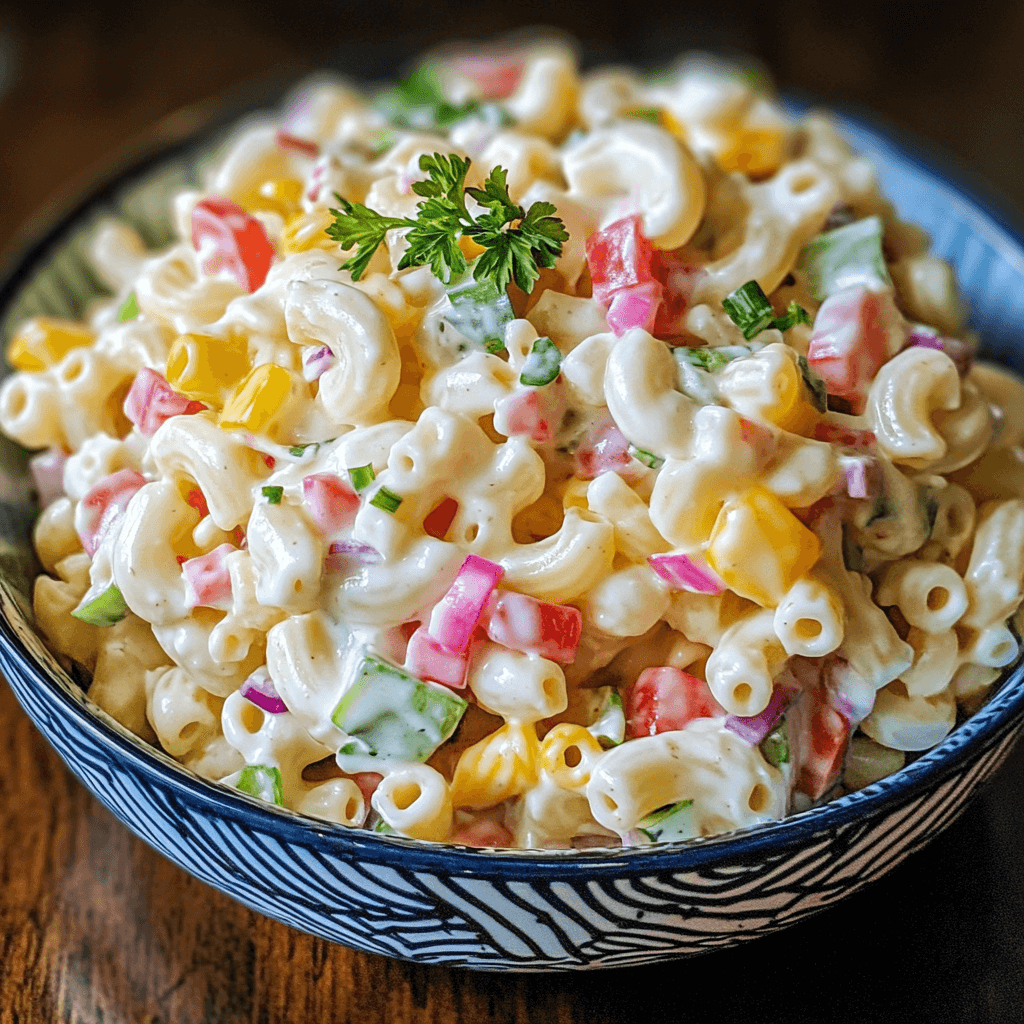 Makkaroni Salat Das perfekte Event Salatgericht 8 Cremiger Nudelsalat mit verschiedenen Paprikasorten, Frühlingszwiebeln und Petersilie in einer blauen Schüssel