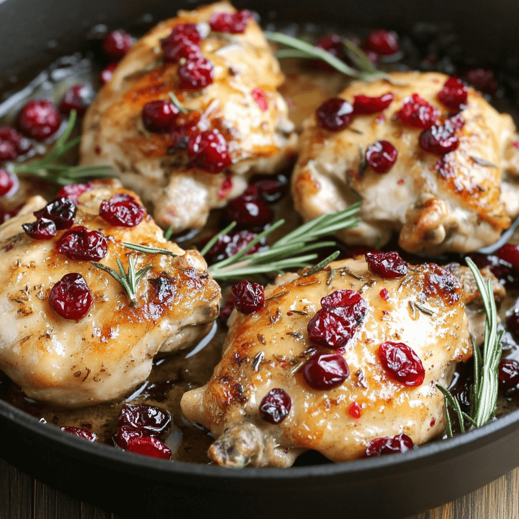Gebratene Hähnchenschenkel in der Pfanne mit Preiselbeeren und Rosmarinzweigen