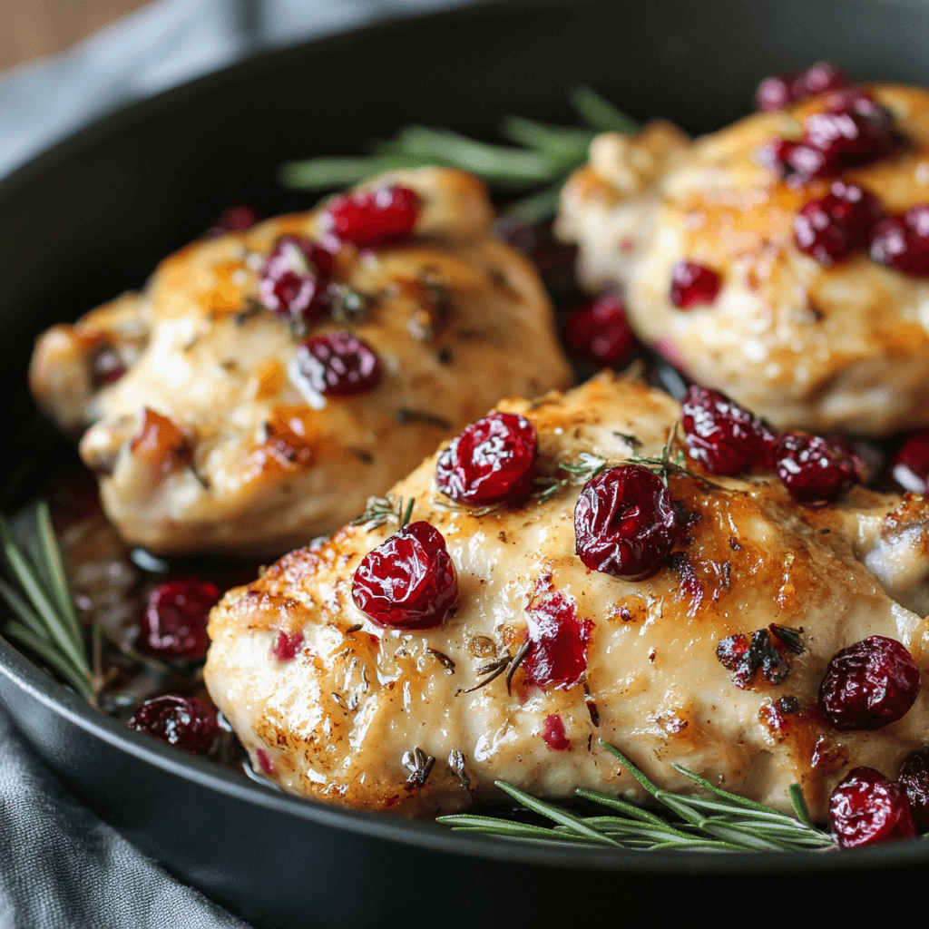 Preiselbeer-Rosmarin-Hähnchen in einer Pfanne – Das beste herzhafte Rezept mit italienischem Flair 7 Hähnchenschenkel mit Rosmarinzweigen und Preiselbeeren in Pfanne gegart