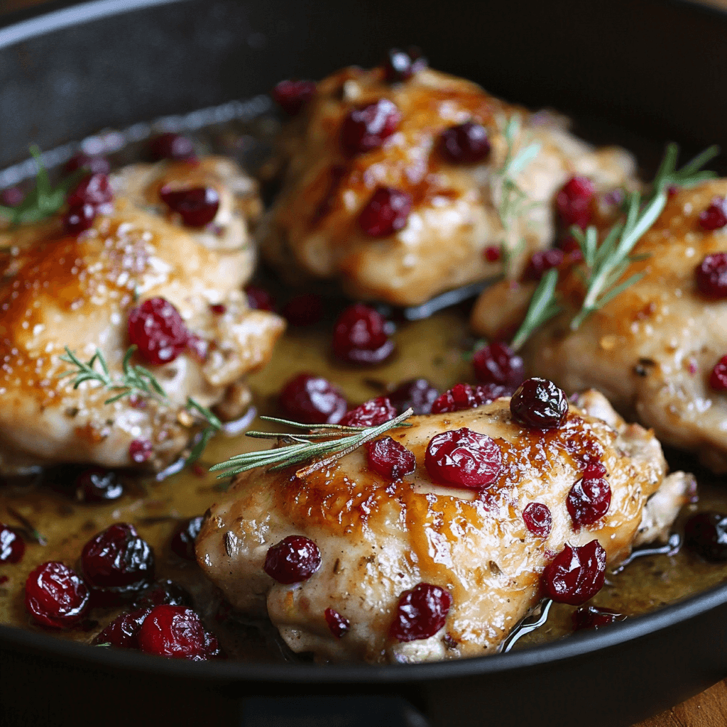 Preiselbeer-Rosmarin-Hähnchen in einer Pfanne – Das beste herzhafte Rezept mit italienischem Flair 8 Knusprig gebratenes Hähnchen mit Preiselbeeren und Rosmarin in schwarzer Pfanne