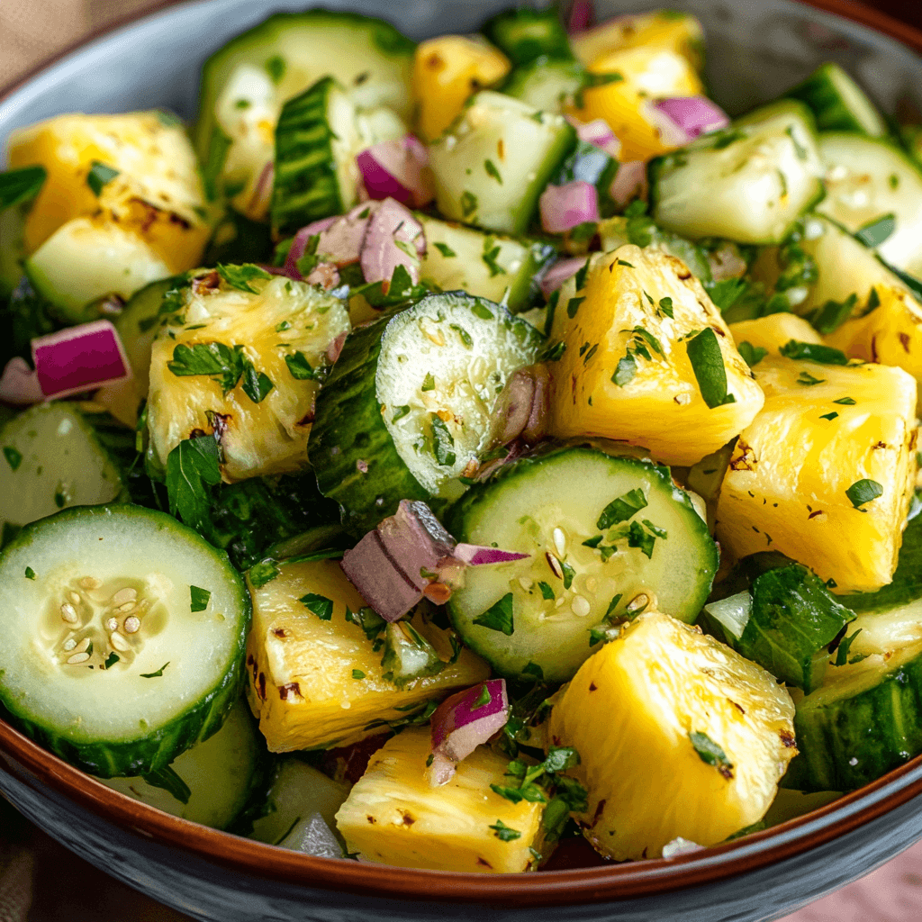 Frischer Ananas Gurken Salat mit roten Zwiebeln und Kräutern in Nahaufnahme