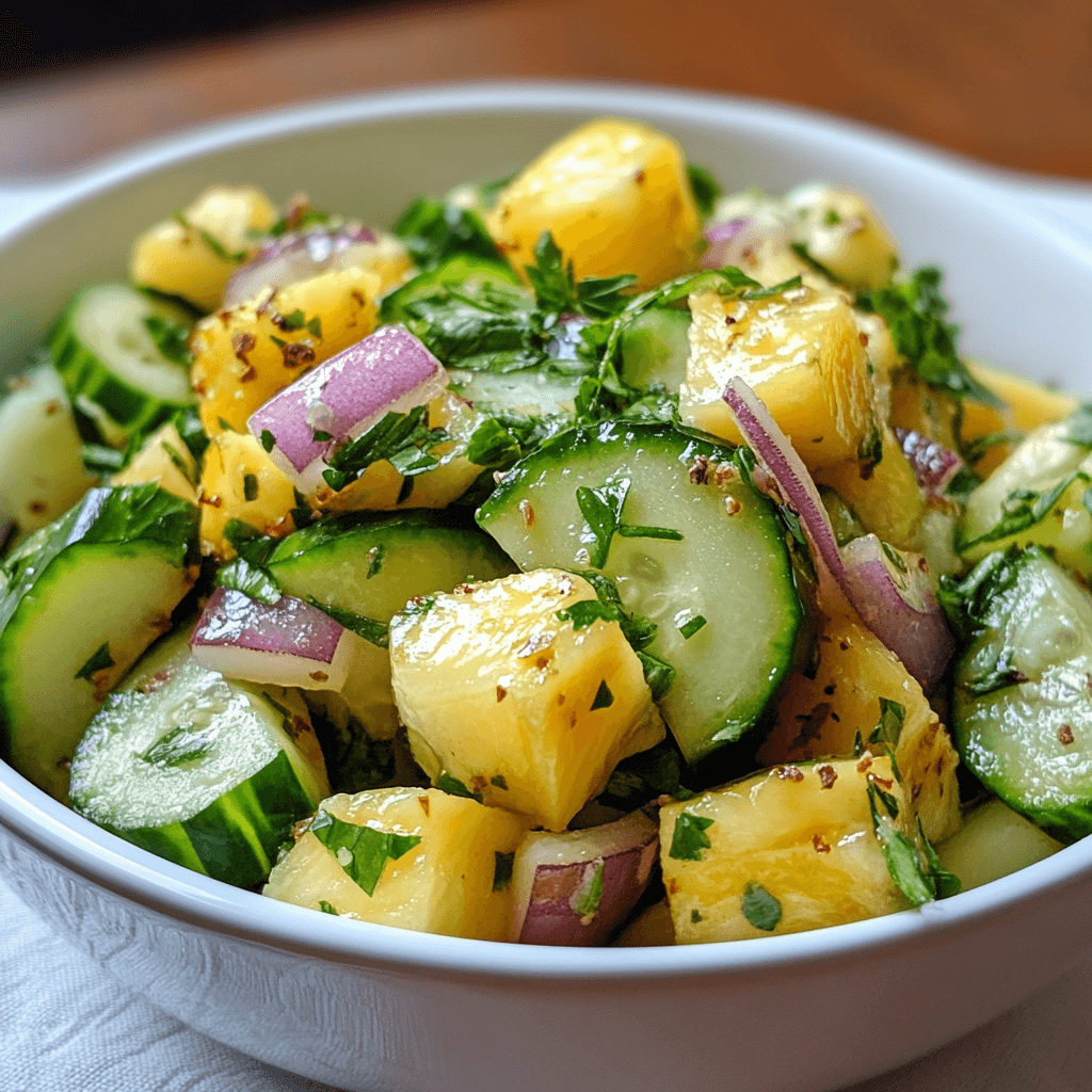 Ananas Gurken Salat – Das perfekte Sommerrezept für Genuss und Gesundheit 6 Ananas Gurken Salat mit roten Zwiebeln in weißer Schale angerichtet