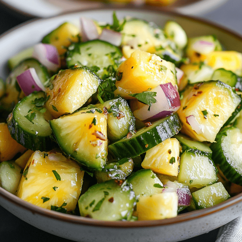 Ananas Gurken Salat – Das perfekte Sommerrezept für Genuss und Gesundheit 7 Bunter Gurkensalat mit Ananas, Zwiebeln und Chili in Keramikschale