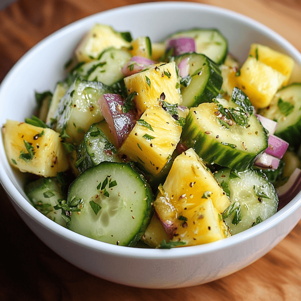 Ananas Gurken Salat – Das perfekte Sommerrezept für Genuss und Gesundheit 8 Kalorienarmer Ananas Gurken Salat mit Pfeffer-Dressing in weißer Schale