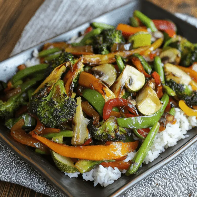 Asiatische Gemüsepfanne – Bunt, Gesund & Voller Geschmack 9 Asiatische Gemüsepfanne mit Brokkoli, Paprika, Zuckerschoten und Champignons auf weißem Reis