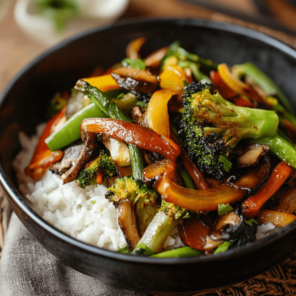 Asiatische Gemüsepfanne – Bunt, Gesund & Voller Geschmack 7 Asiatisch gewürztes Gemüse mit Paprika, Brokkoli und Champignons in einer schwarzen Schüssel auf Reis
