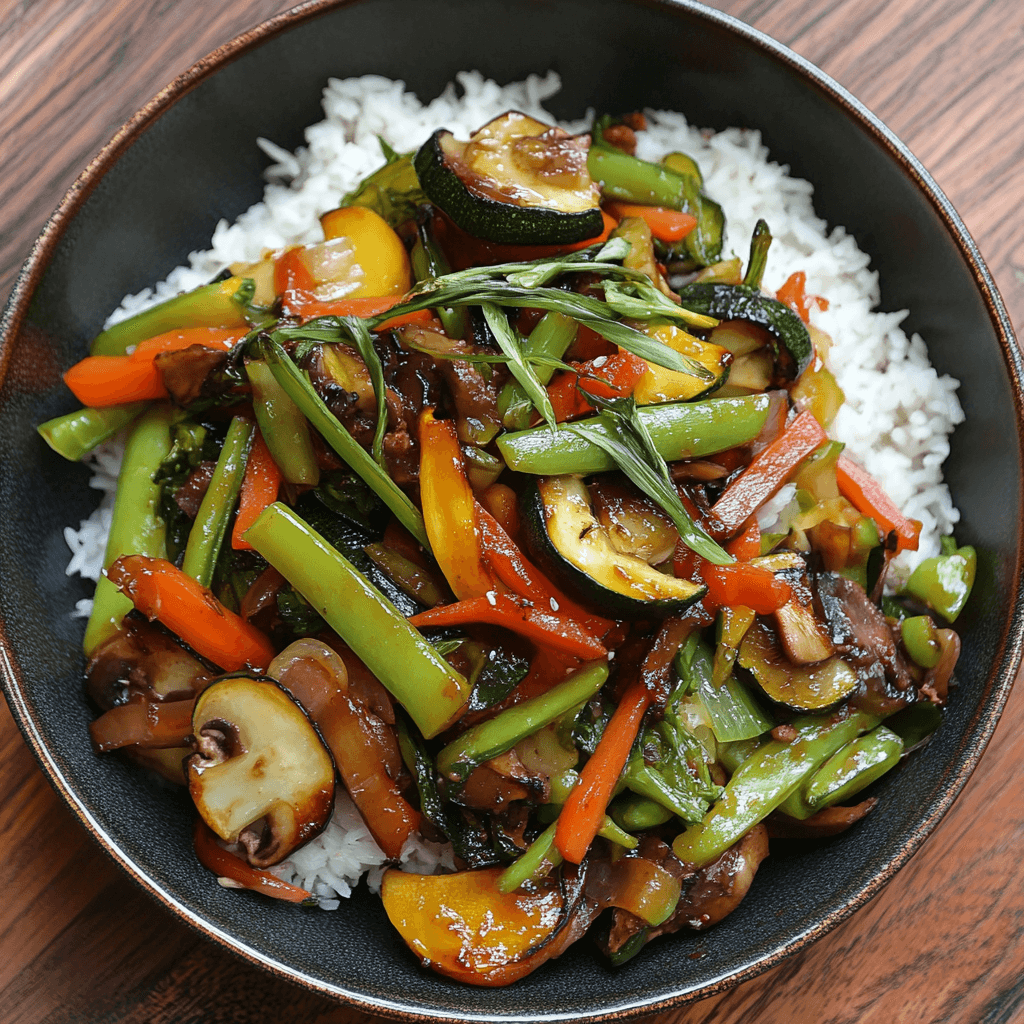 Asiatische Gemüsepfanne – Bunt, Gesund & Voller Geschmack 8 Bunte Gemüsepfanne mit Zucchini, Paprika, Möhren und Pilzen auf einem Reisbett, garniert mit Frühlingszwiebeln