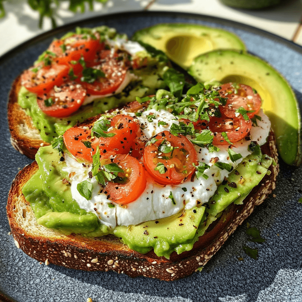 Avocado Toast – Das ultimative Frühstück für gesunden Genuss 6 Ein ausgewogener Avocado Toast belegt mit cremiger Avocado, frischen Cherrytomaten, Mozzarella und gehacktem Koriander. Dazu Avocadohälften als Beilage – serviert auf einem rustikalen Keramikteller im Tageslicht.