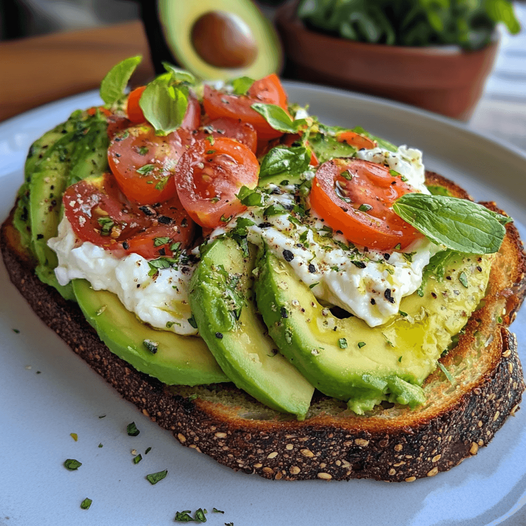 Avocado Toast – Das ultimative Frühstück für gesunden Genuss 8 Avocado Toast mit Burrata, Tomatenscheiben, Basilikum und Gewürzen auf Vollkorntoast