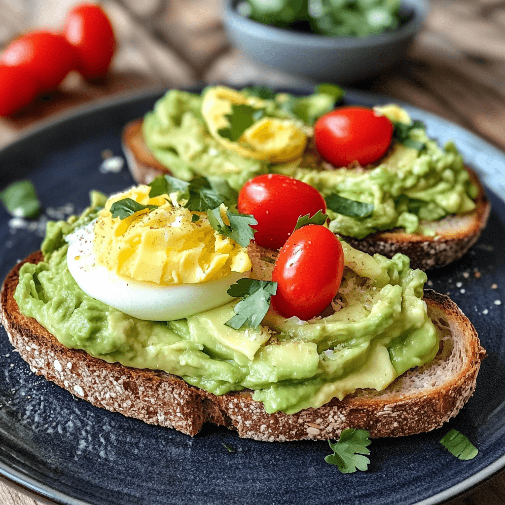 Avocado-Toast mit gekochtem Ei und Tomaten auf dunklem Teller angerichtet