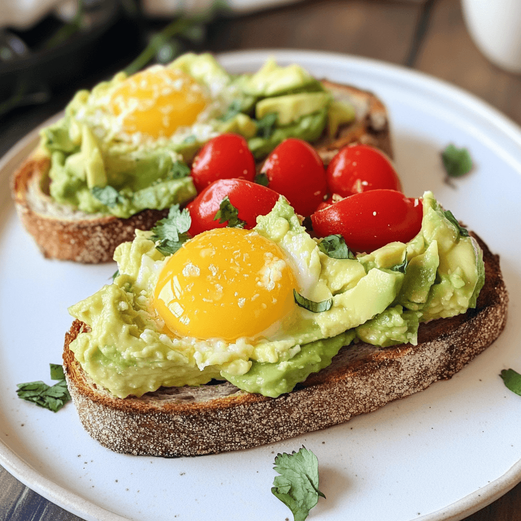 Avocado Toast mit Ei – Das beste Frühstücksrezept für gesunden Genuss 6 Avocado-Toast mit Spiegelei und Cherrytomaten auf weißem Teller