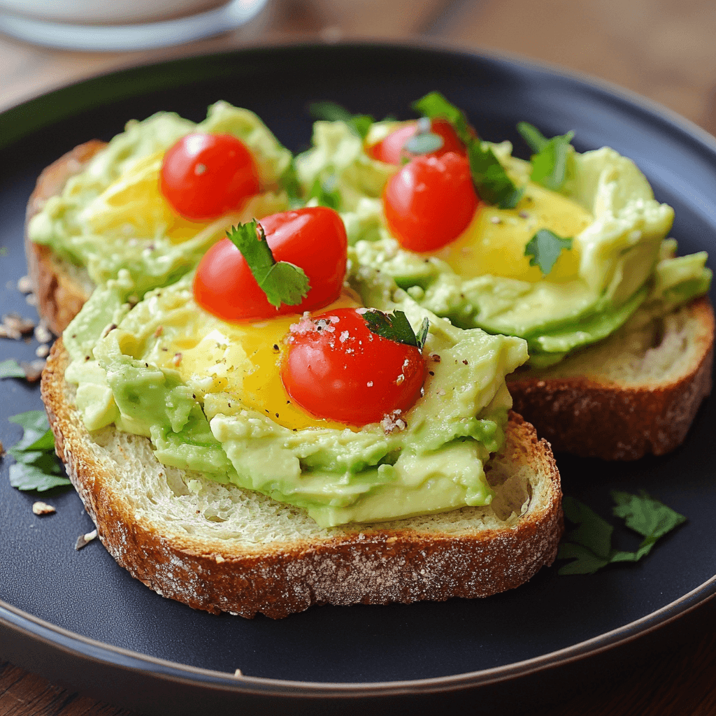 Avocado Toast mit Ei – Das beste Frühstücksrezept für gesunden Genuss 7 Frisch geröstetes Brot belegt mit Avocado, sonnigem Eigelb, saftigen Tomaten und Kräutern – ideal für einen gesunden Start in den Tag.