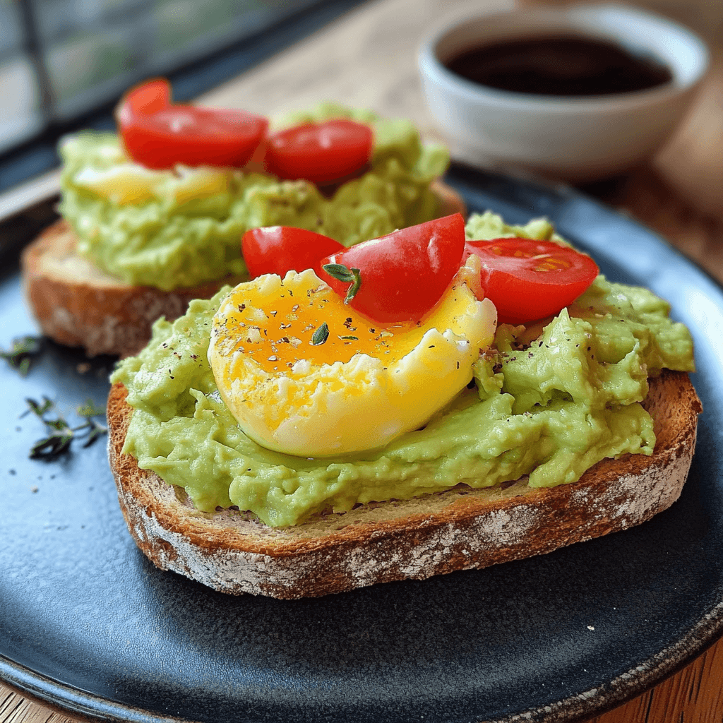 Avocado Toast mit Ei – Das beste Frühstücksrezept für gesunden Genuss 8 Avocado-Toast mit weichgekochtem Ei und Tomatenhälften auf dunklem Teller