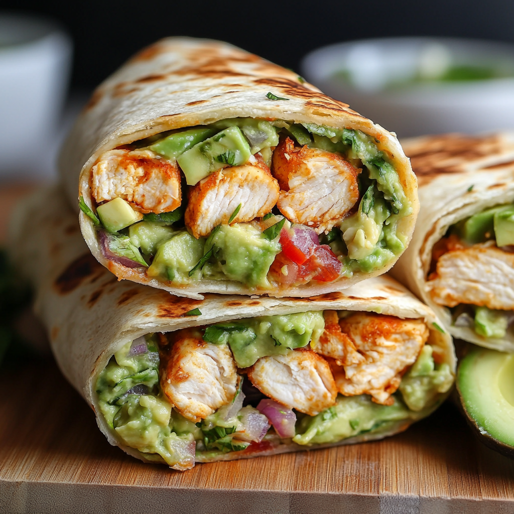 Chicken Avocado Ranch Burritos – Das ultimative Rezept mit Genuss-Garantie 7 Gesunder Chicken Avocado Ranch Burrito mit viel Gemüse und Kräutern auf Holzbrett