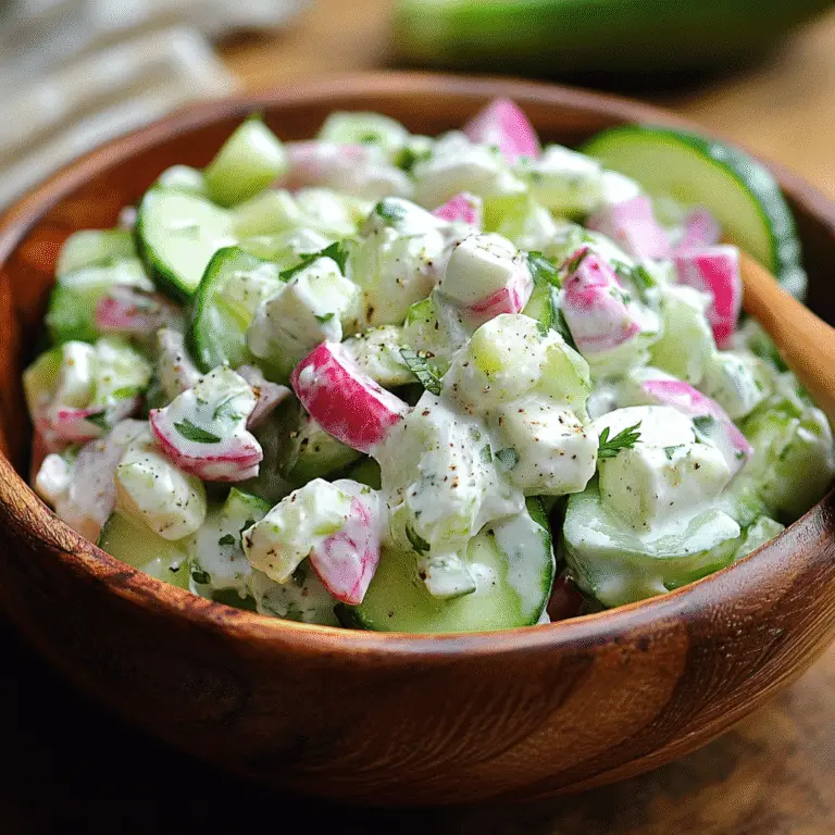 Cremiger Gurken Radieschen Salat – Das ultimative Sommerrezept 9 Frischer Gurken-Radieschen-Salat mit cremigem Dressing und Kräutern in Holzschüssel serviert