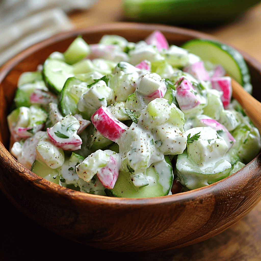 Frischer Gurken-Radieschen-Salat mit cremigem Dressing und Kräutern in Holzschüssel serviert