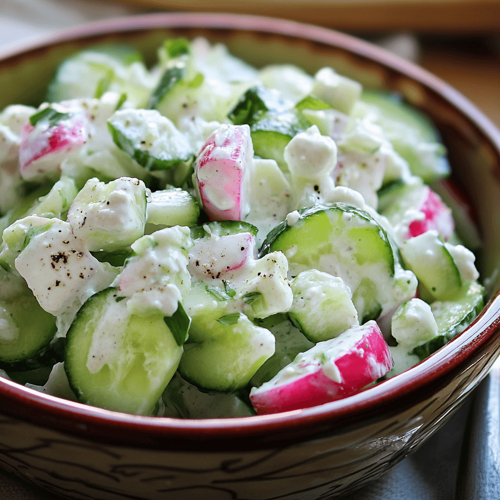 Cremiger Gurken Radieschen Salat – Das ultimative Sommerrezept 6 Cremiger Gurkensalat mit Radieschenstücken und Joghurtdressing in dekorativer SchaleEin erfrischender Salat aus Gurken und Radieschen in einer Joghurt-Kräutersoße – leicht, würzig und ideal für warme Tage.