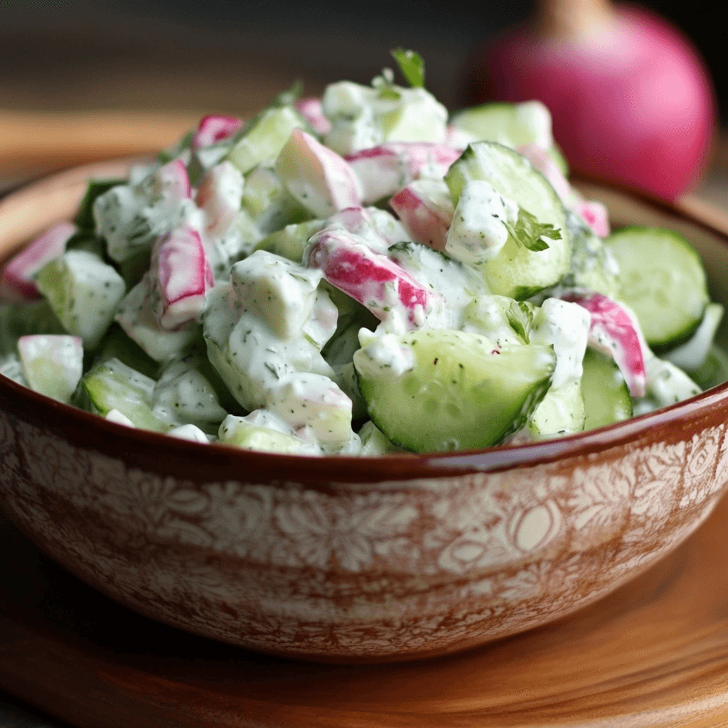 Cremiger Gurken Radieschen Salat – Das ultimative Sommerrezept 7 Bunter Gurken-Radieschen-Salat in cremiger Soße mit Dill in gemusterter Schale