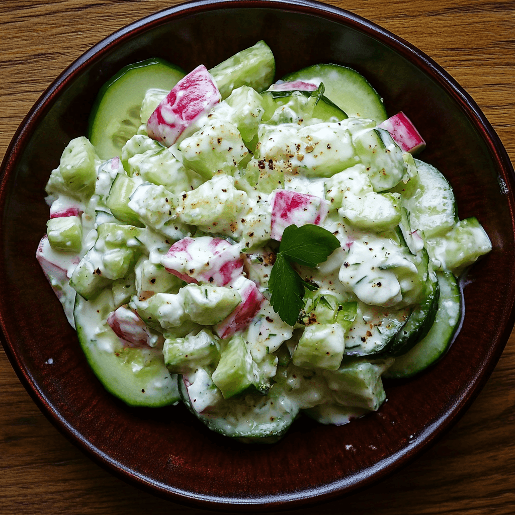 Cremiger Gurken Radieschen Salat – Das ultimative Sommerrezept 8 Gurken-Radieschen-Salat mit Joghurt und Pfeffer garniert, von oben fotografiert
