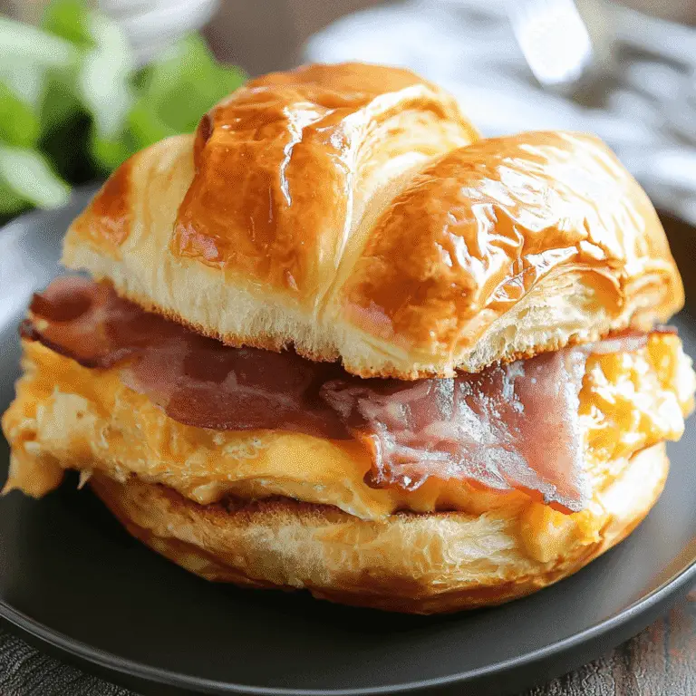 Croissant Frühstückssandwiches Ein französischer Start in den Tag 9 Blättriges Croissant Frühstückssandwiches mit Rührei, geschmolzenem Käse und Schinkenscheiben auf einem dunklen Teller
