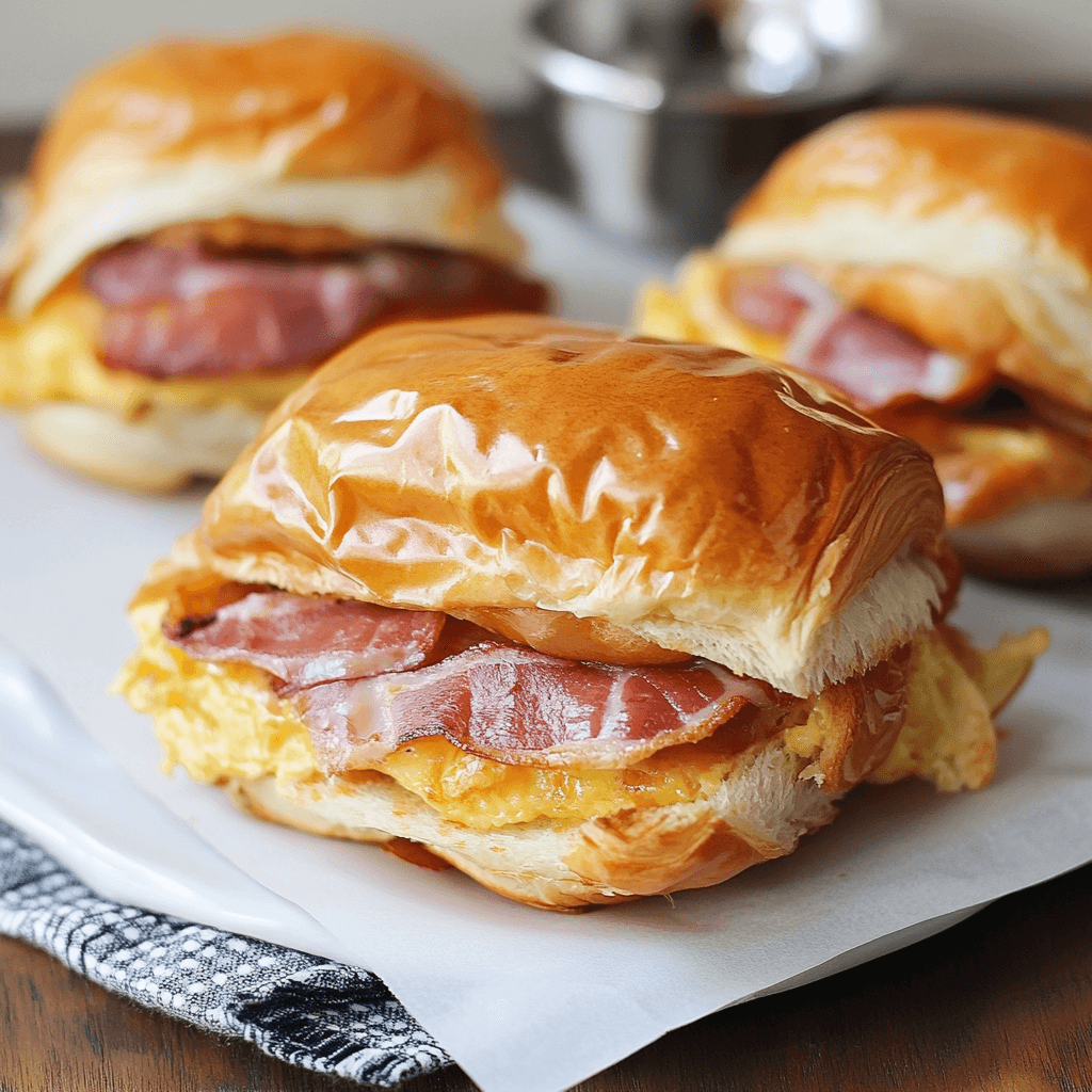 Croissant Frühstückssandwiches Ein französischer Start in den Tag 6 Drei Croissant-Sandwiches mit Rührei, Käse und knusprigem Bacon auf Backpapier