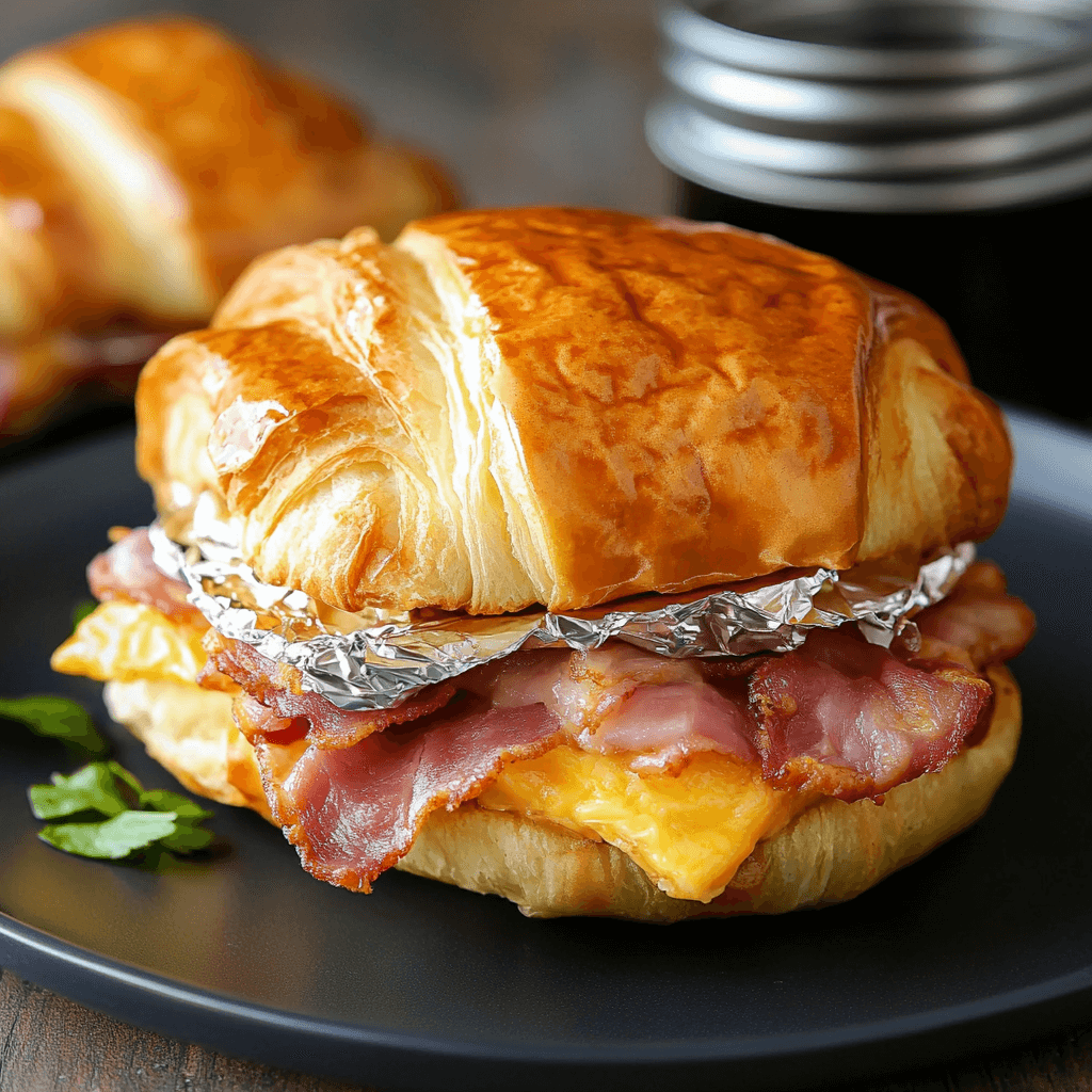 Croissant Frühstückssandwiches Ein französischer Start in den Tag 7 Croissant gefüllt mit geschmolzenem Käse, Schinken und Ei, eingewickelt in Alufolie, auf einem Teller serviert