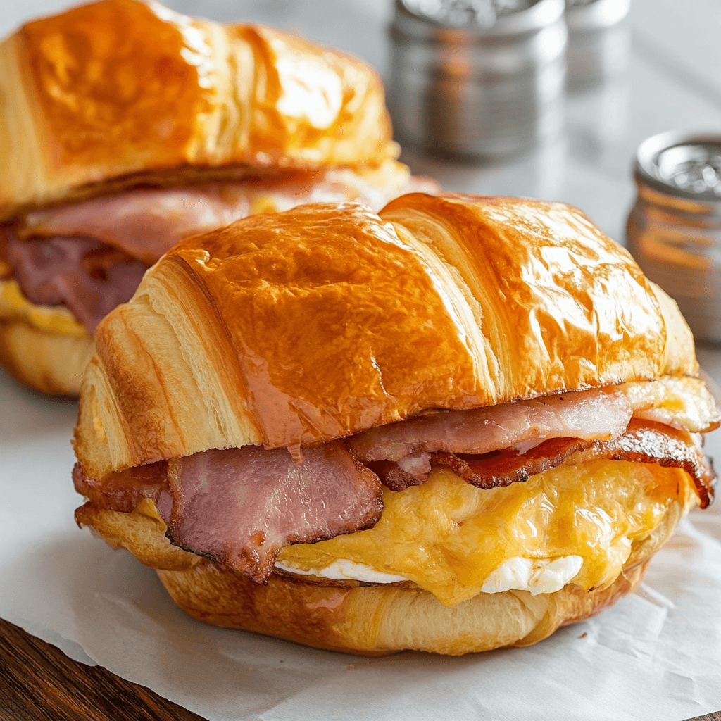 Croissant Frühstückssandwiches Ein französischer Start in den Tag 8 Zwei goldene Croissants gefüllt mit Rührei, Schinken und geschmolzenem Käse auf weißem Papier