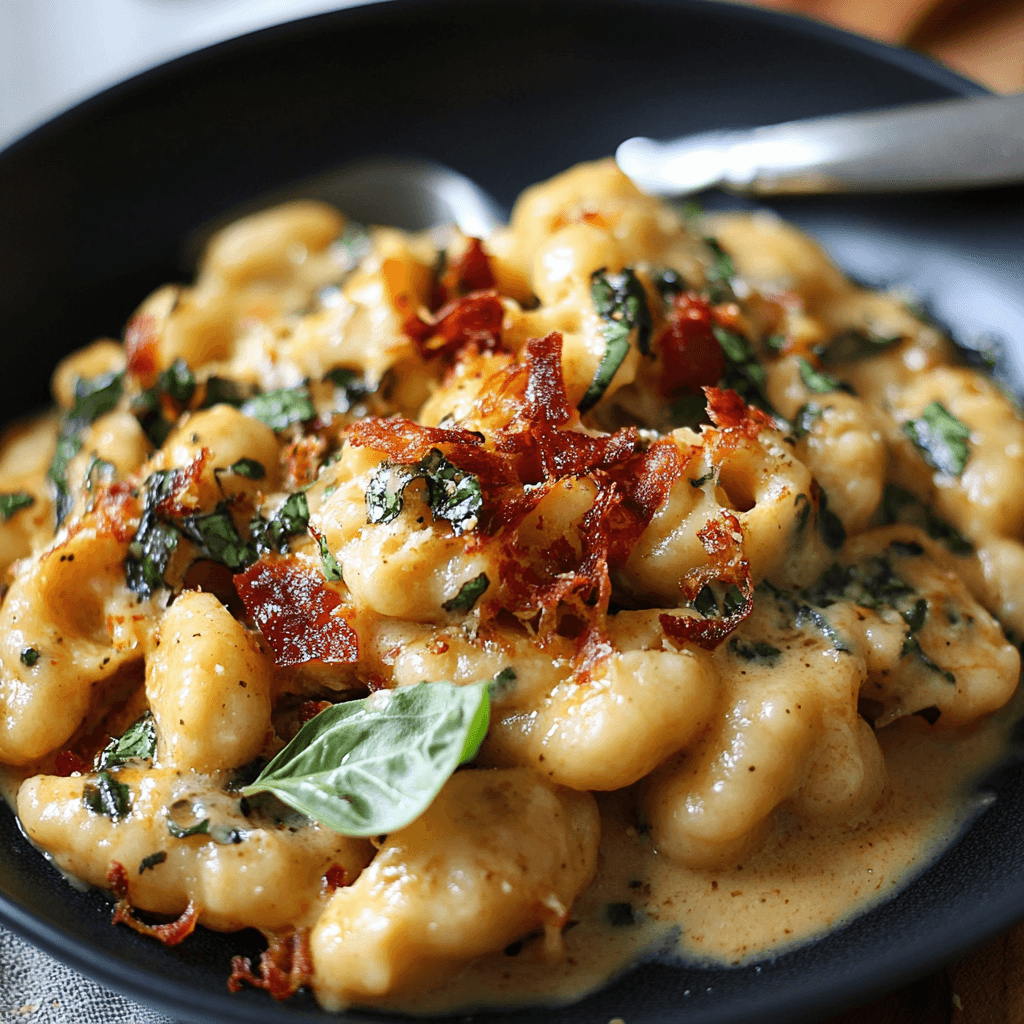 Eiweiß-Gnocchi: Das ultimative High-Protein-Rezept für Fitness und Genuss 8 Gnocchi in cremiger Sauce mit Speck, Kräutern und Basilikum in schwarzem Teller serviert