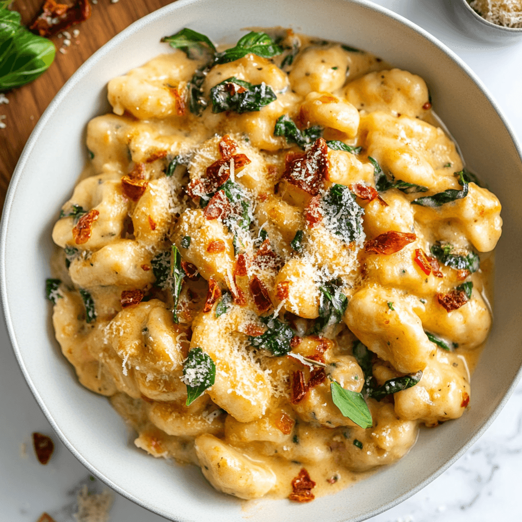 Eiweiß-Gnocchi: Das ultimative High-Protein-Rezept für Fitness und Genuss 7 Gnocchi mit Käsecreme, Spinat und knusprigem Bacon von oben in heller Schüssel serviert