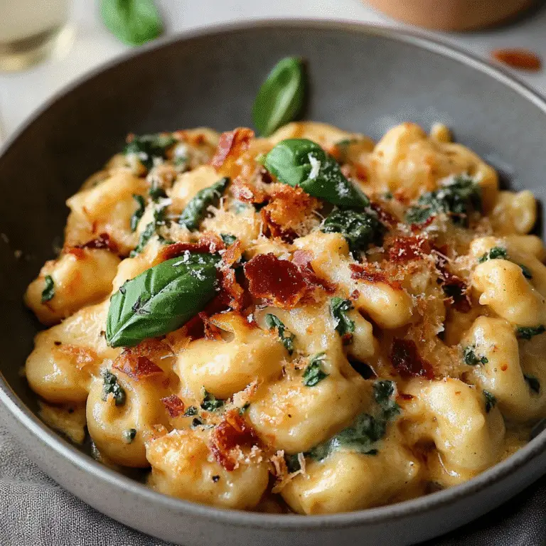 Eiweiß-Gnocchi: Das ultimative High-Protein-Rezept für Fitness und Genuss 9 Gnocchi in cremiger Käsesoße mit Spinat, Bacon und Basilikumblättern in grauer Schale serviert