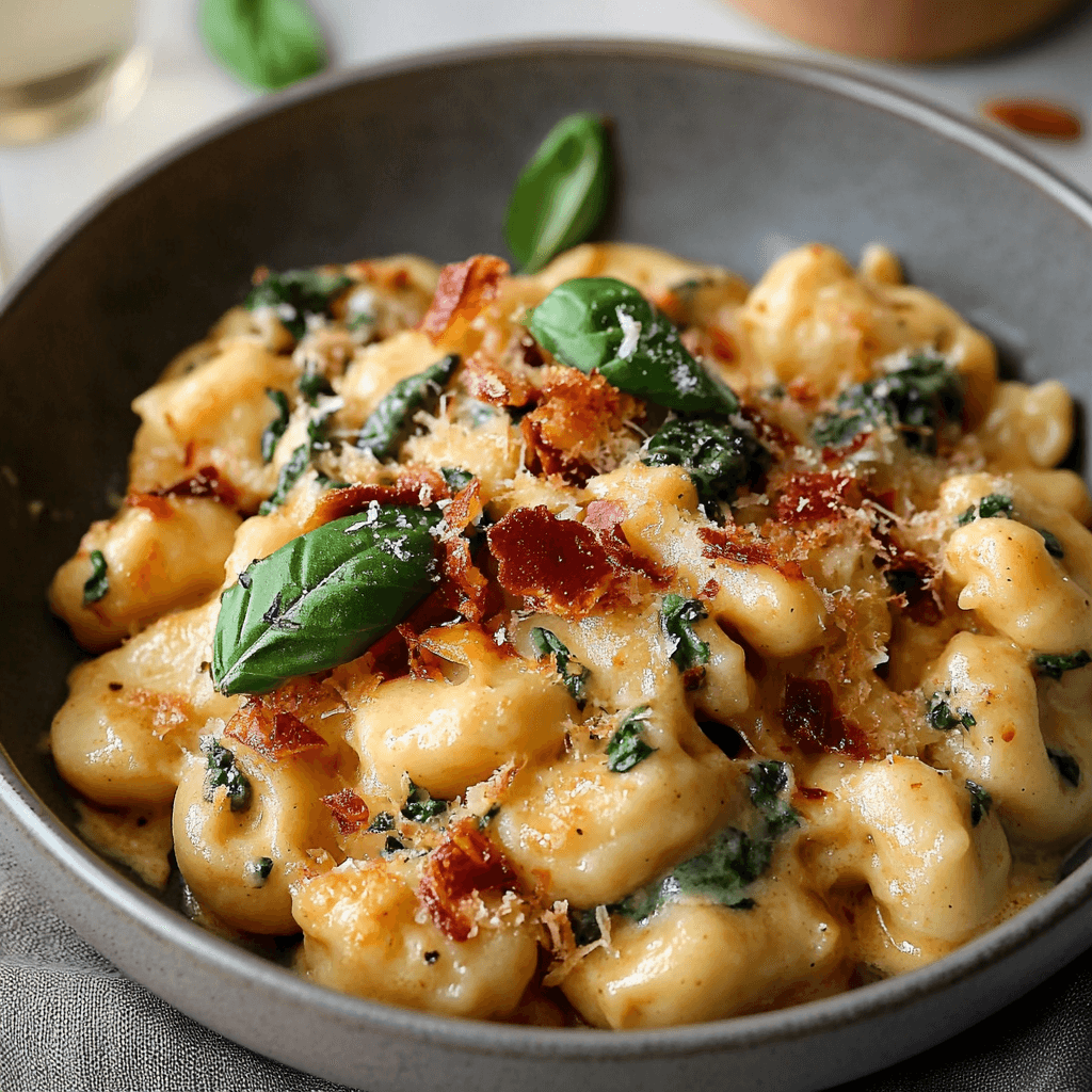 Gnocchi in cremiger Käsesoße mit Spinat, Bacon und Basilikumblättern in grauer Schale serviert