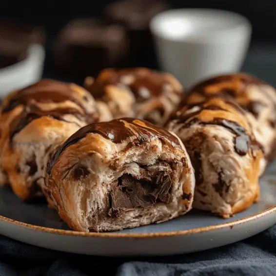 Fluffige Schokoladen Brötchen – Das beste Rezept für zarte, weiche Frühstücksfreude 9 Fluffige Schokoladen Brötchen mit geschmolzenem Kern auf Keramikteller serviert