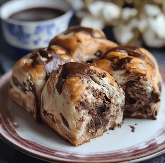 Fluffige Schokoladen Brötchen – Das beste Rezept für zarte, weiche Frühstücksfreude 6 Frisch gebackene fluffige Schokoladen Brötchen mit Tasse Kakao im Hintergrund