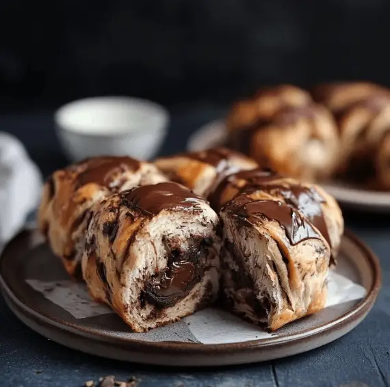 Fluffige Schokoladen Brötchen – Das beste Rezept für zarte, weiche Frühstücksfreude 7 Luftige Schokoladen Brötchen mit flüssiger Schokolade auf dunklem Servierteller