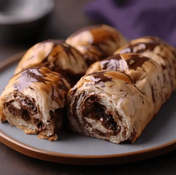 Fluffige Schokoladen Brötchen – Das beste Rezept für zarte, weiche Frühstücksfreude 8 Diese verführerisch weichen Schokoladen Brötchen zeichnen sich durch ihre zarte Krume und eine cremige, geschmolzene Füllung aus – serviert auf einem eleganten dunklen Teller.