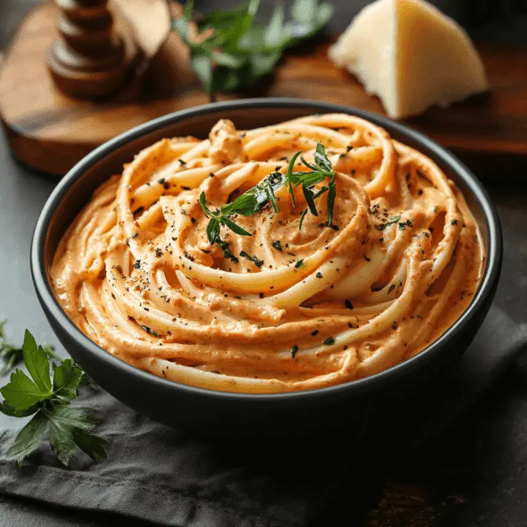 Frischkäse Soße mit Ajvar Cremig, würzig & in 10 Minuten servierbereit 9 Spaghetti in einer cremigen, orangefarbenen Ajvar-Frischkäsesoße, garniert mit frischen Kräutern in schwarzer Schale