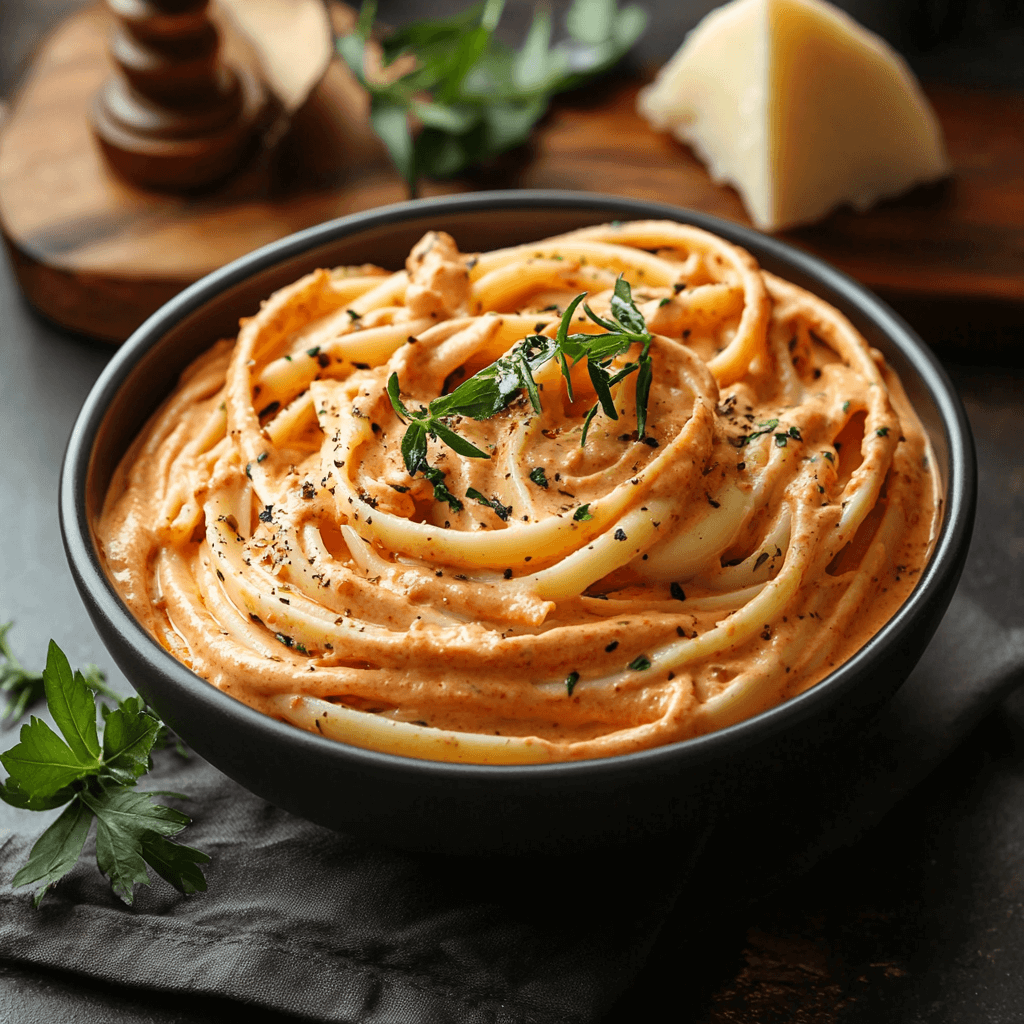 Spaghetti in einer cremigen, orangefarbenen Ajvar-Frischkäsesoße, garniert mit frischen Kräutern in schwarzer Schale