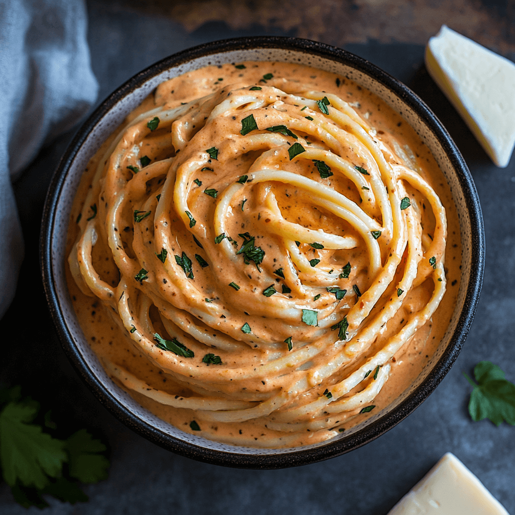 Frischkäse Soße mit Ajvar Cremig, würzig & in 10 Minuten servierbereit 6 Dicke Spaghetti in einer samtigen Ajvar-Frischkäsesoße, serviert in einer dunkelgrauen Schale mit gehackter Petersilie