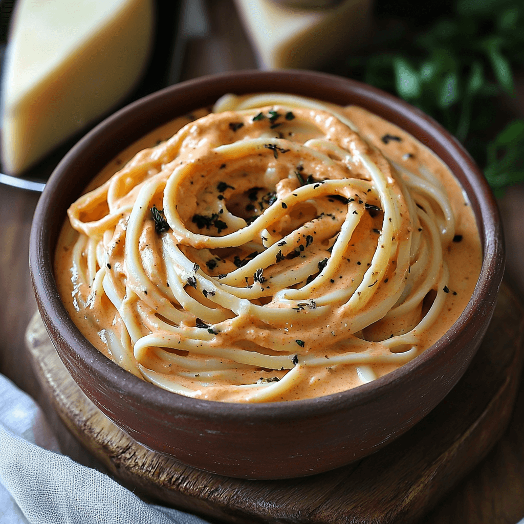 Frischkäse Soße mit Ajvar Cremig, würzig & in 10 Minuten servierbereit 7 Glatte Spaghetti in cremiger Paprika-Frischkäsesoße, garniert mit Kräutern, serviert in einer braunen Schale