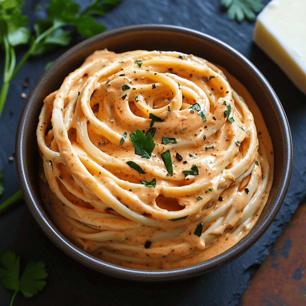 Frischkäse Soße mit Ajvar Cremig, würzig & in 10 Minuten servierbereit 8 Spaghetti in cremiger Ajvarsoße mit schwarzem Pfeffer und Basilikum, serviert in einer rustikalen Tonschale