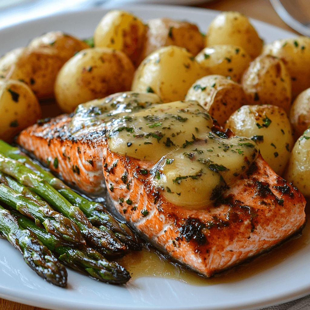 Gebackener Lachs mit Kartoffeln und grünem Spargel auf weißem Teller
