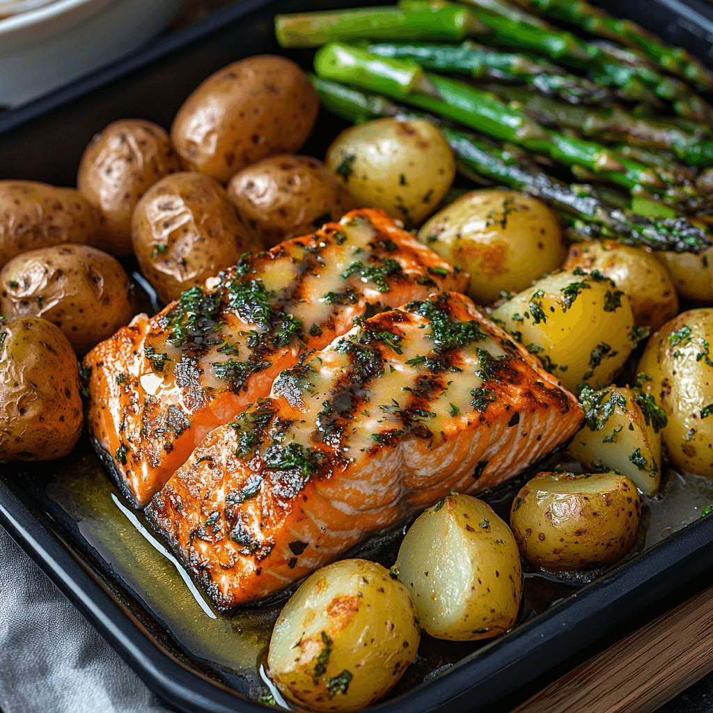 Gebackener Lachs mit Kartoffeln und Spargel – Das beste Ofengericht für den Frühling 6 Gebackener Lachs mit Kräuterbutter, kleinen Kartoffeln und Spargel auf einem Ofenblech