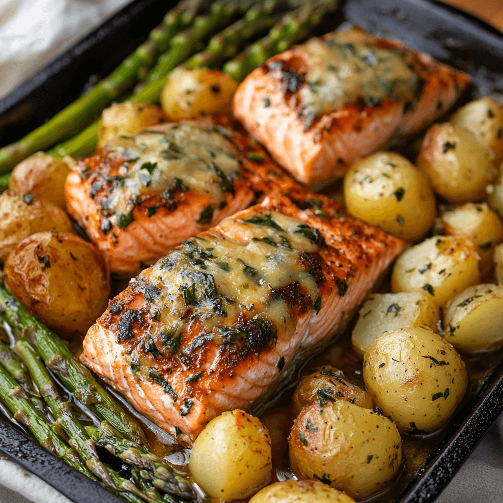Gebackener Lachs mit Kartoffeln und Spargel – Das beste Ofengericht für den Frühling 7 Drei Lachsfilets mit Kräuterkruste auf einem Backblech mit Kartoffeln und Spargel