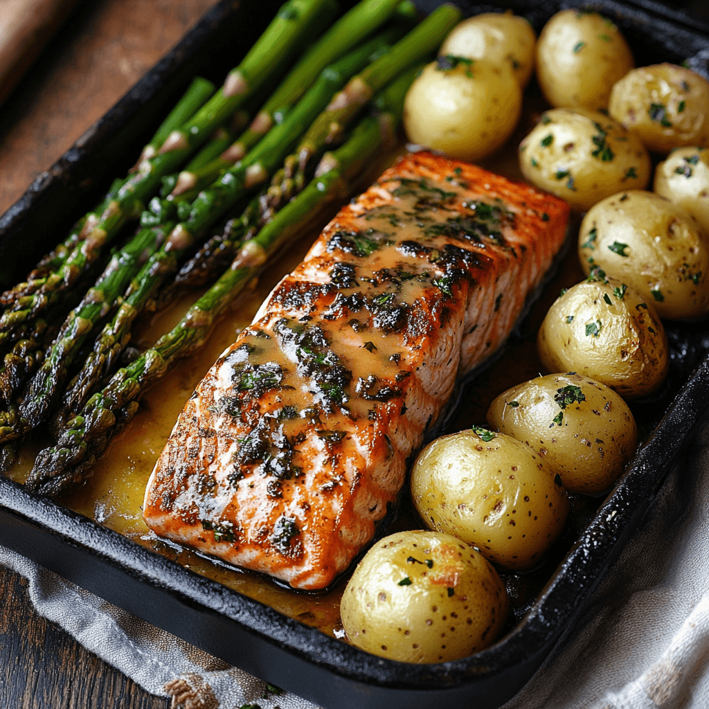Gebackener Lachs mit Kartoffeln und Spargel – Das beste Ofengericht für den Frühling 8 Gebackener Lachs mit Zitronensoße, grüner Spargel und junge Kartoffeln im Blech