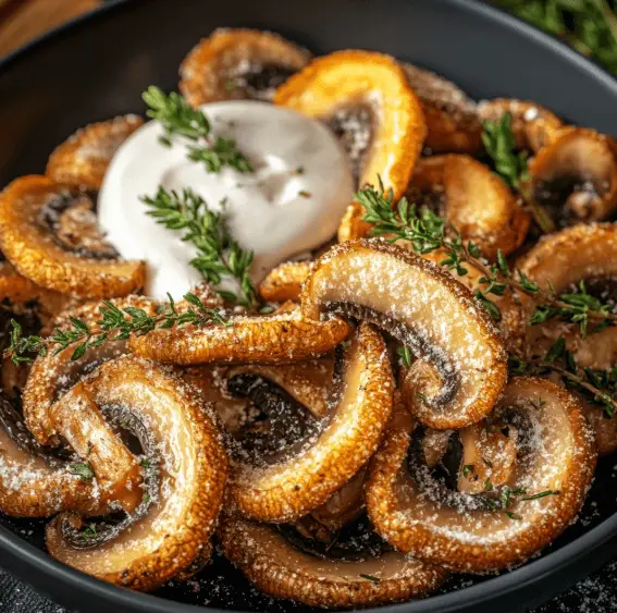 Gebratene Champignons in Scheiben geschnitten mit Ranch – Das ultimative Rezept für knusprigen Genuss 9 Gebratene Champignons in Scheiben geschnitten mit Ranch-Dip und frischem Thymian