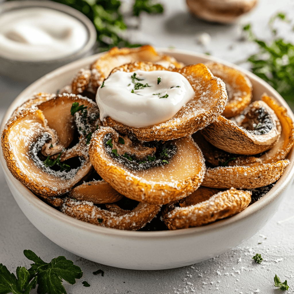 Gebratene Champignons in Scheiben geschnitten mit Ranch – Das ultimative Rezept für knusprigen Genuss 6 Knusprige gebratene Champignons mit Ranch-Dip in heller Keramikschale