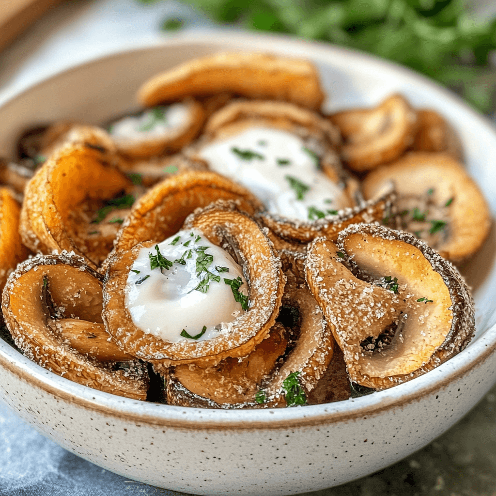Gebratene Champignons in Scheiben geschnitten mit Ranch – Das ultimative Rezept für knusprigen Genuss 7 Servierfertige gebratene Champignons mit Ranch-Dressing und Kräutern