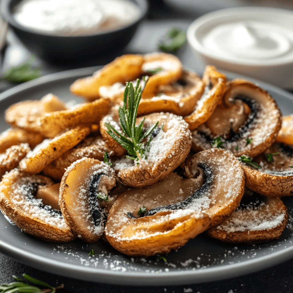 Gebratene Champignons in Scheiben geschnitten mit Ranch – Das ultimative Rezept für knusprigen Genuss 8 Gebratene Champignonscheiben mit Ranch-Dip und Rosmarin auf dunklem Teller
